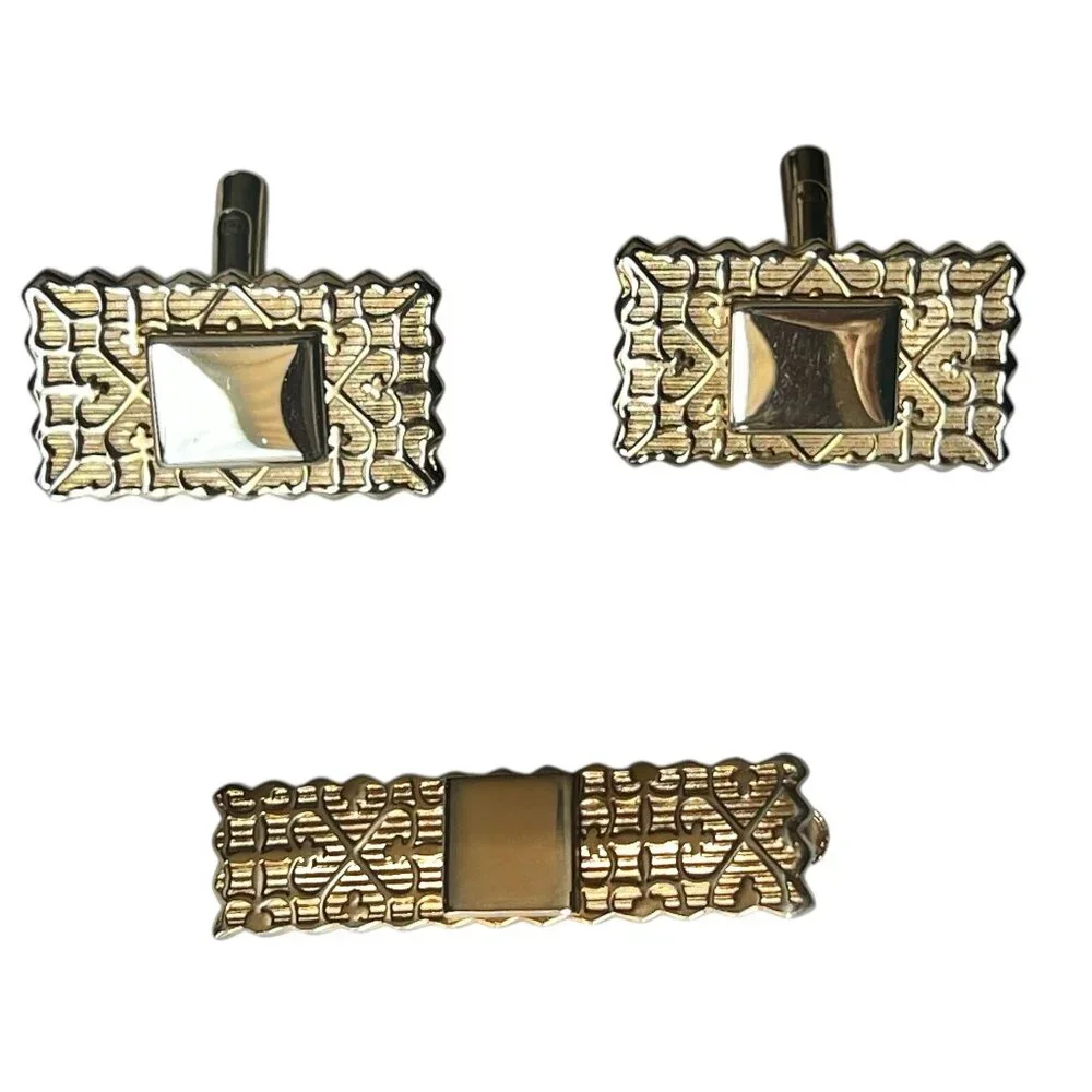 Vintage Gold-Tone Cufflinks & Tie Clip Set With Fleur De Lis & Heart Scroll Desi